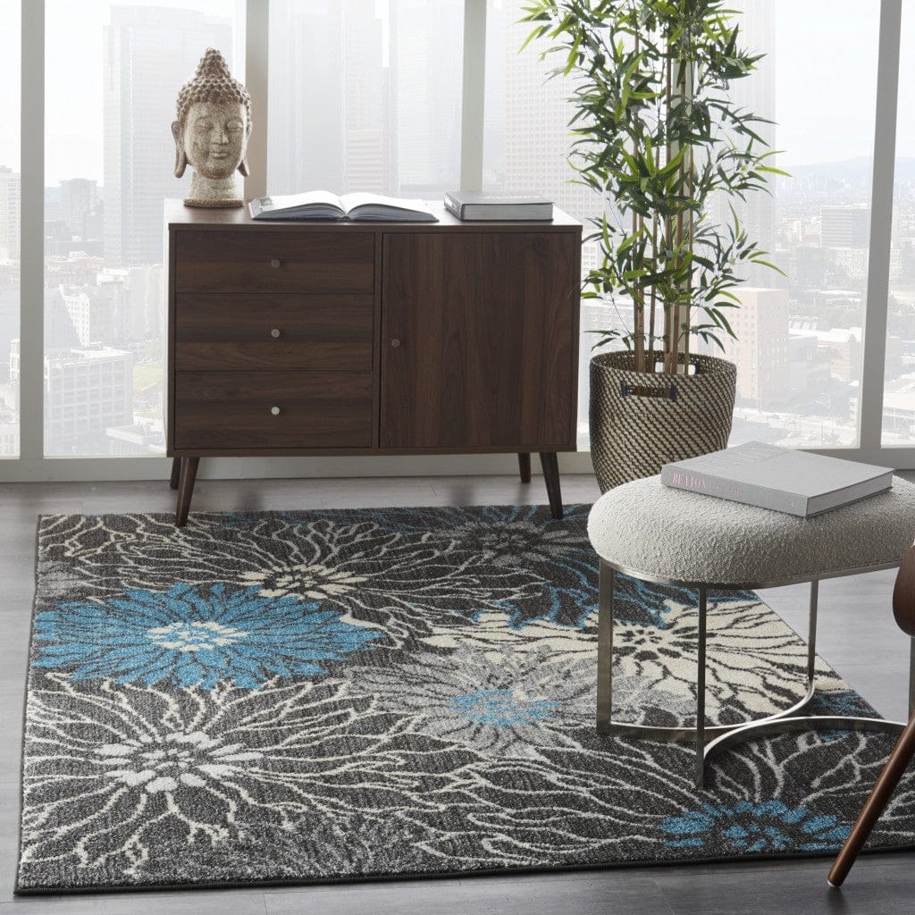 2’ X 3’ Charcoal And Blue Big Flower Scatter Rug