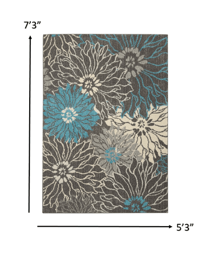 2’ X 3’ Charcoal And Blue Big Flower Scatter Rug