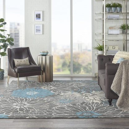 2’ X 3’ Charcoal And Blue Big Flower Scatter Rug