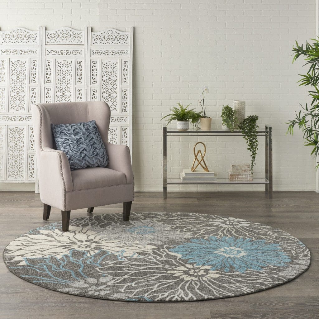 2’ X 3’ Charcoal And Blue Big Flower Scatter Rug