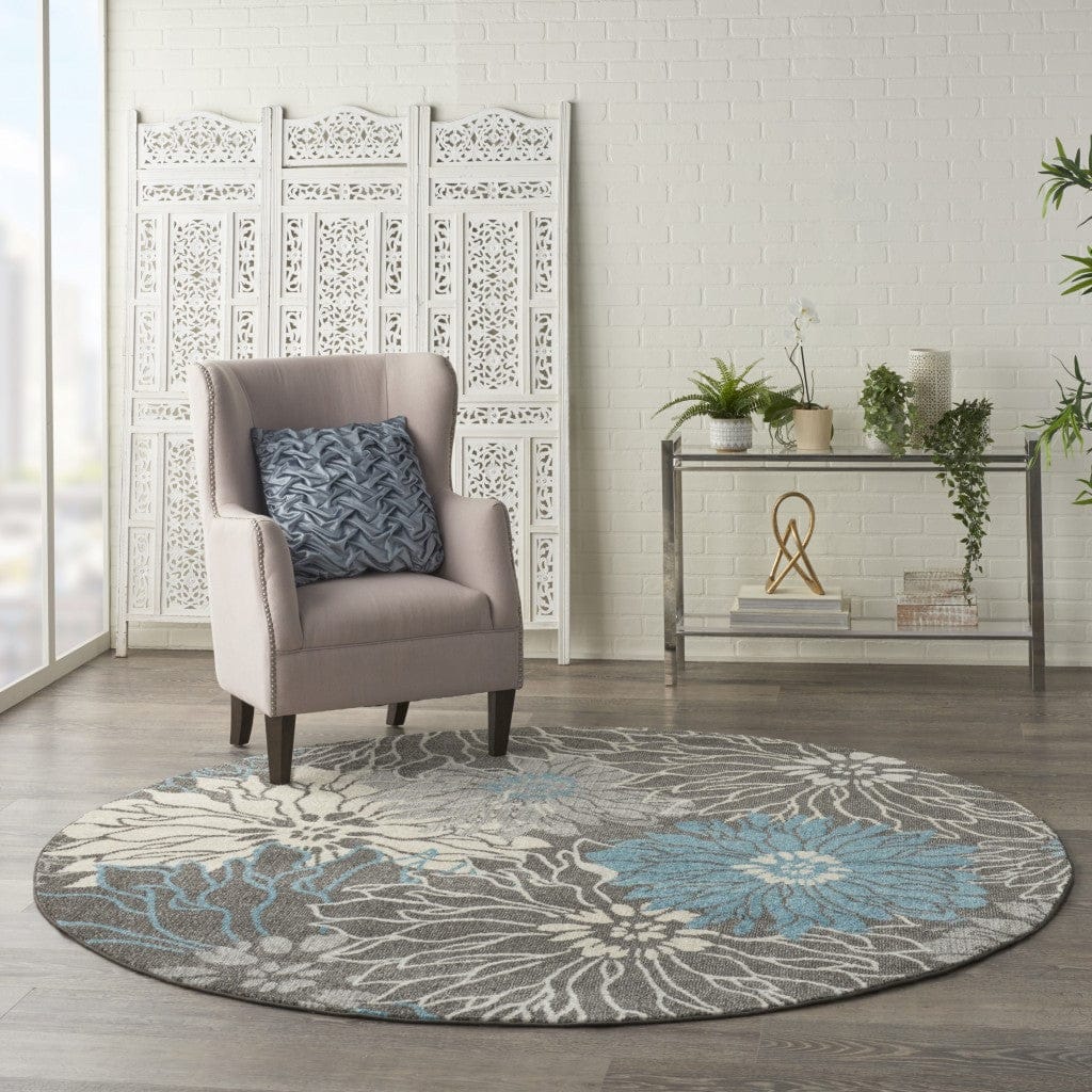 2’ X 3’ Charcoal And Blue Big Flower Scatter Rug