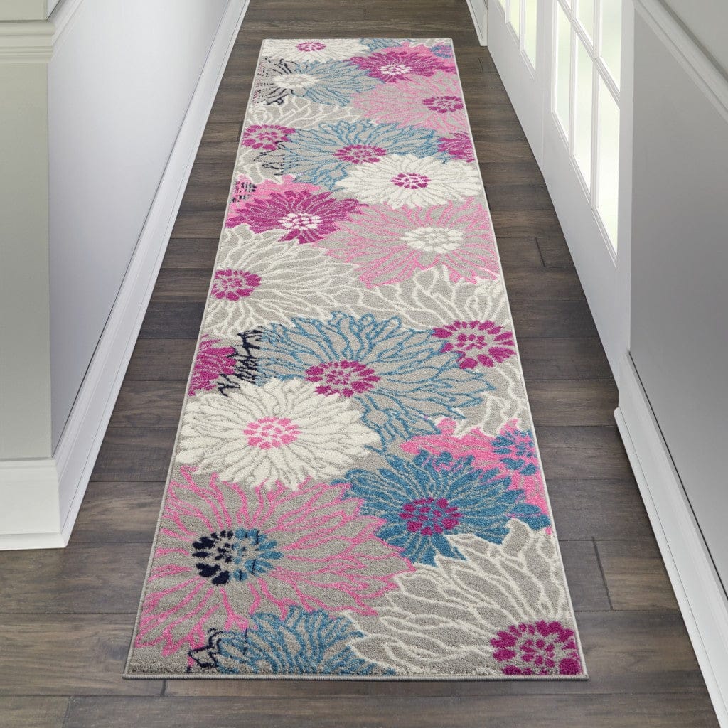 2’ X 6’ Gray And Pink Tropical Flower Runner Rug