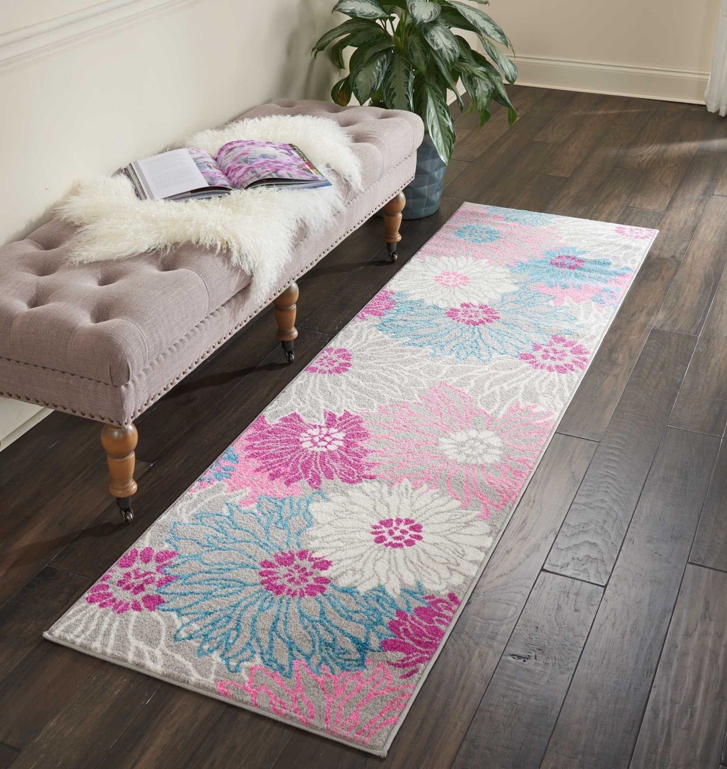 2’ X 6’ Gray And Pink Tropical Flower Runner Rug