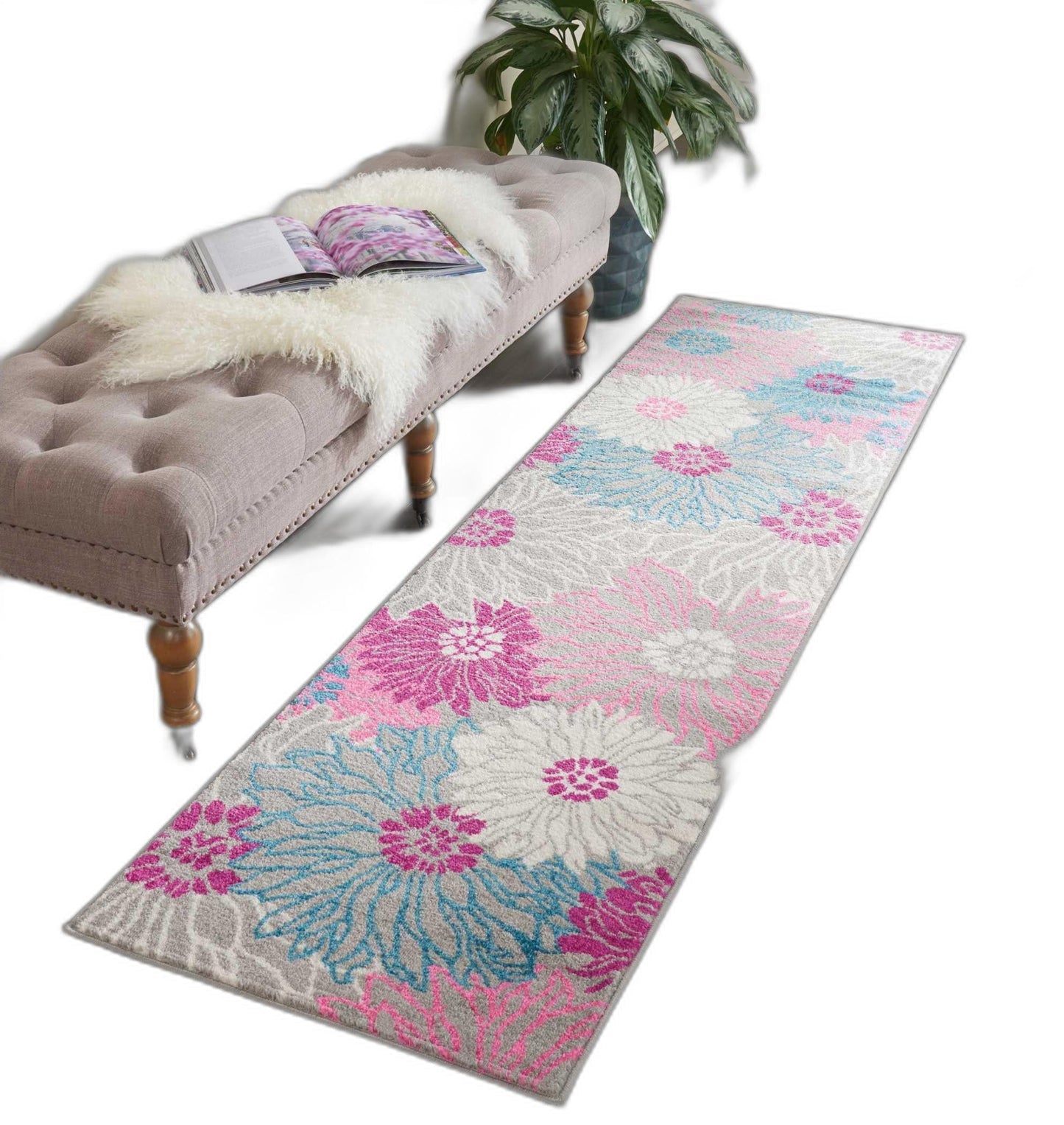 2’ X 6’ Gray And Pink Tropical Flower Runner Rug