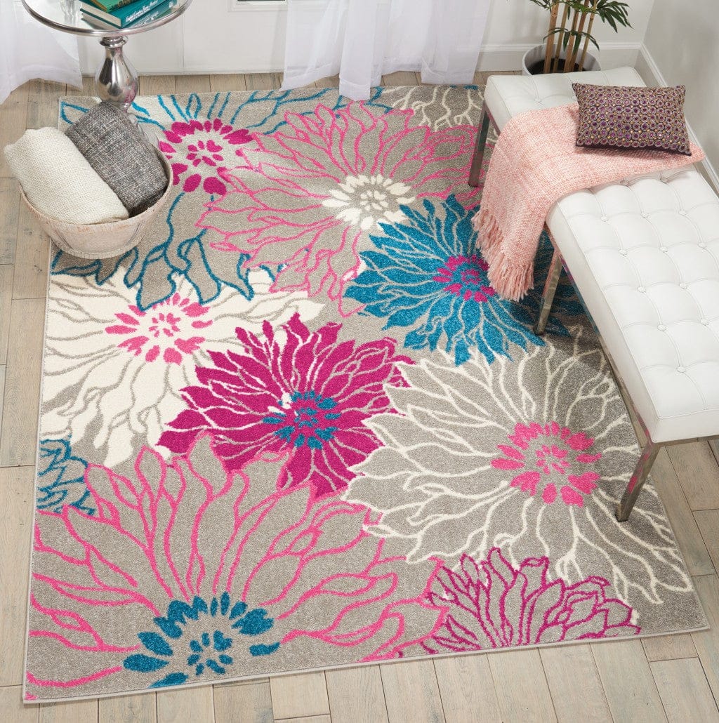 2’ X 6’ Gray And Pink Tropical Flower Runner Rug