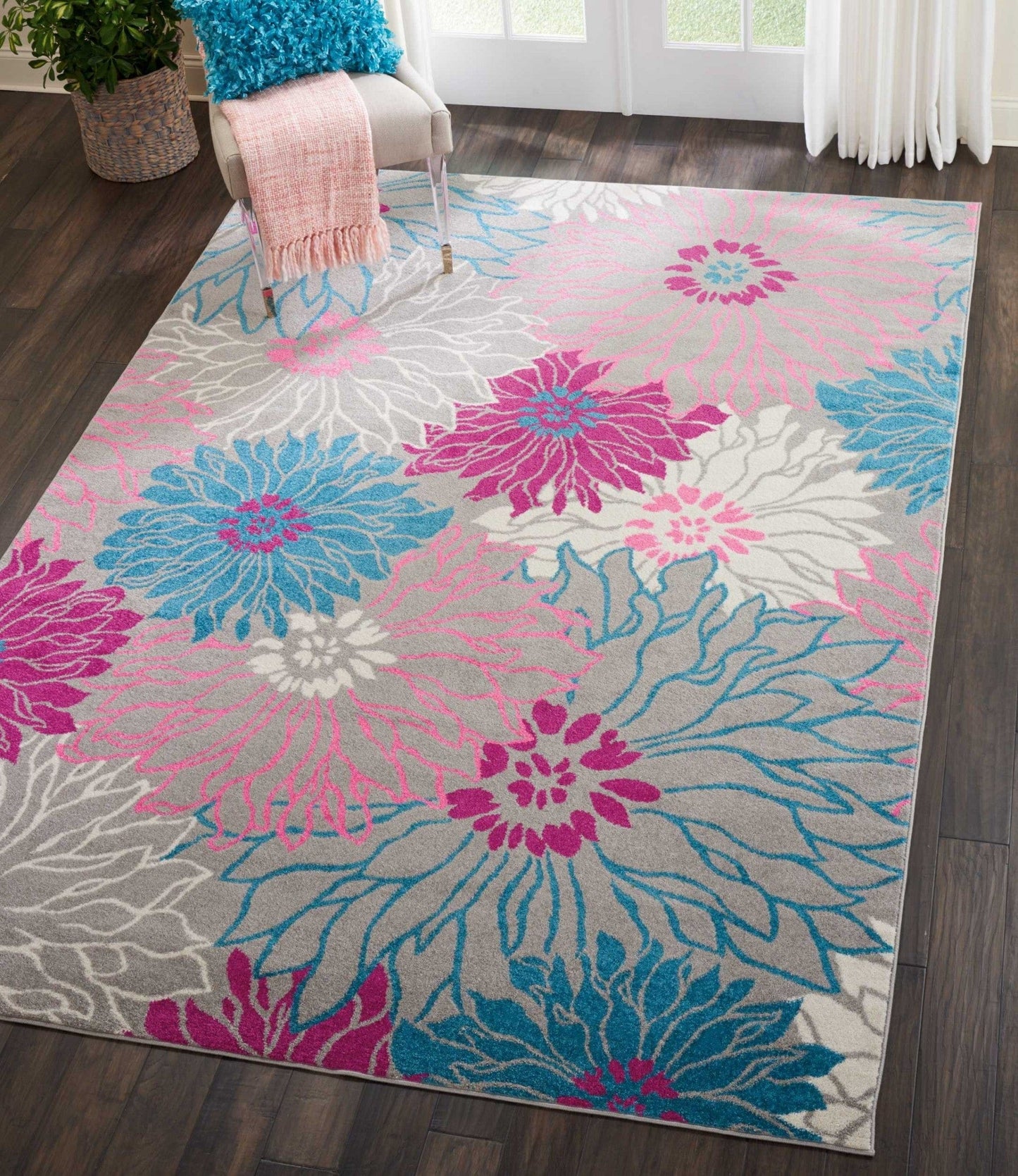 2’ X 6’ Gray And Pink Tropical Flower Runner Rug