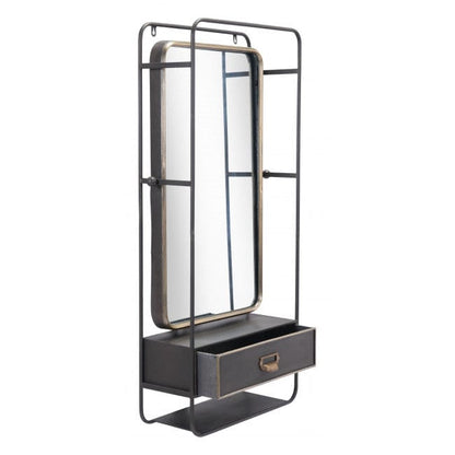 Distressed Industrial Gray and Gold Wall Mirror with Storage