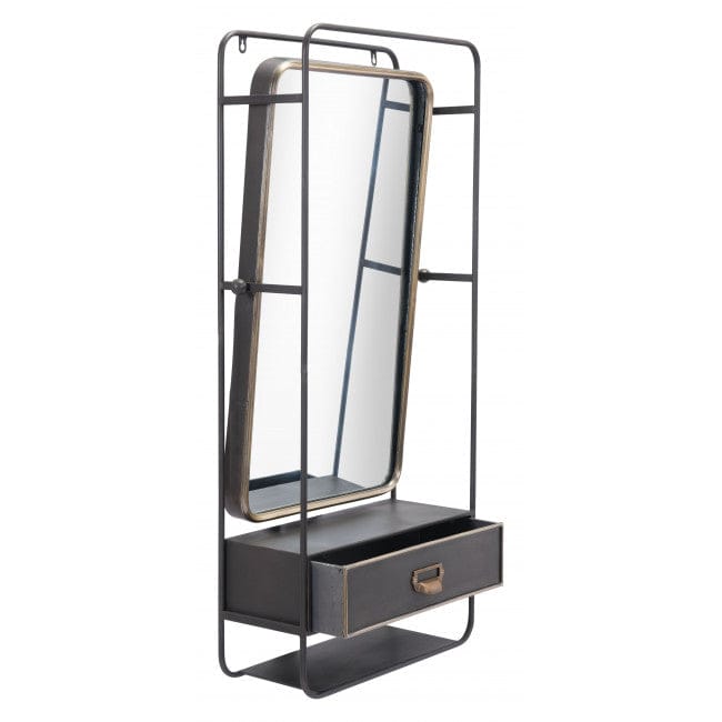 Distressed Industrial Gray and Gold Wall Mirror with Storage