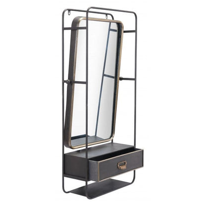 Distressed Industrial Gray and Gold Wall Mirror with Storage