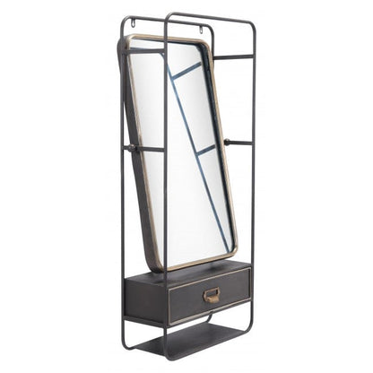 Distressed Industrial Gray and Gold Wall Mirror with Storage