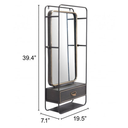 Distressed Industrial Gray and Gold Wall Mirror with Storage