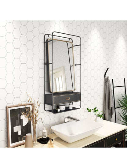 Distressed Industrial Gray and Gold Wall Mirror with Storage