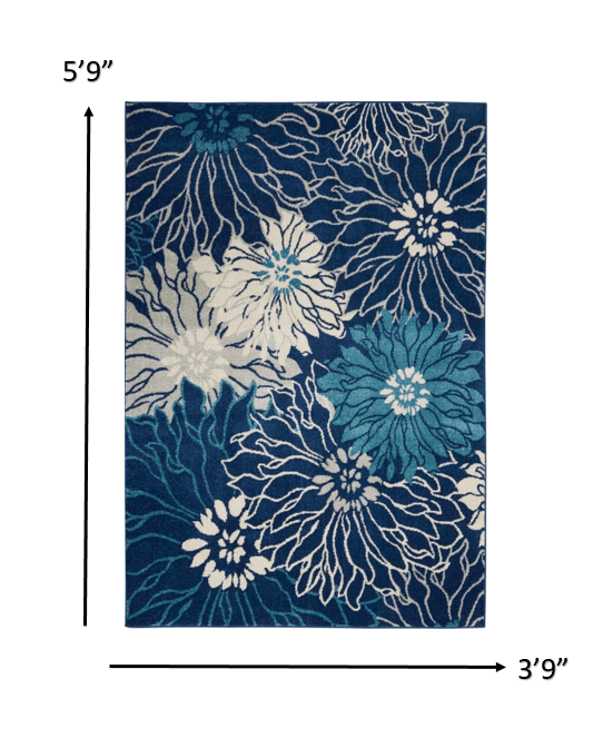 4’ X 6’ Navy And Ivory Floral Area Rug