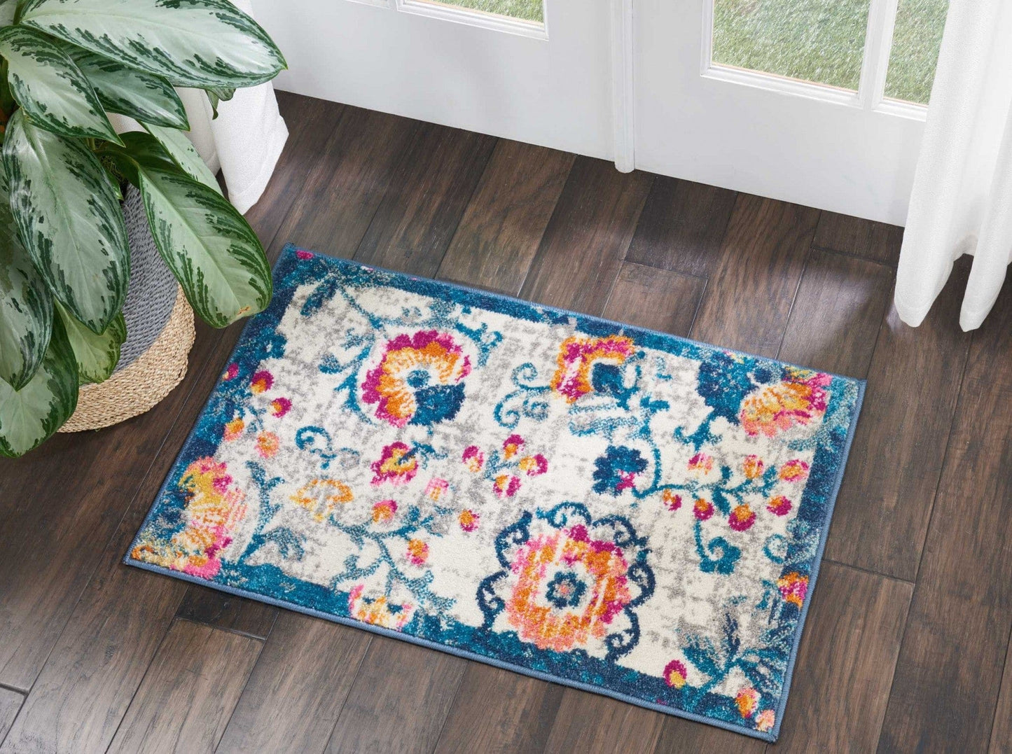 2’ X 6’ Ivory And Blue Floral Vines Runner Rug
