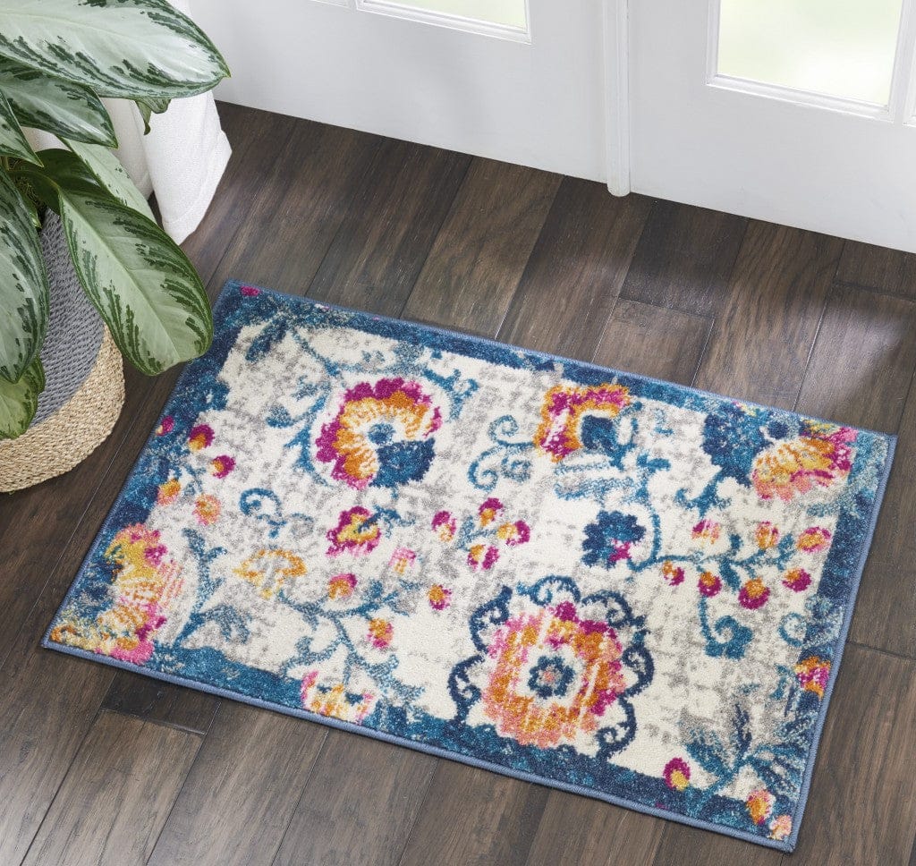 2’ X 6’ Ivory And Blue Floral Vines Runner Rug