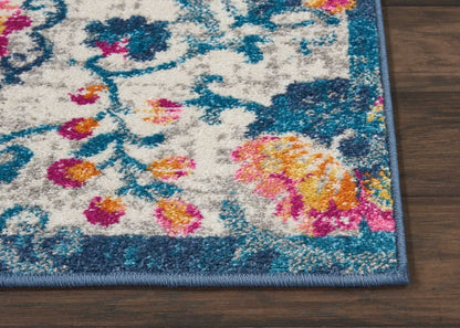 2’ X 6’ Ivory And Blue Floral Vines Runner Rug