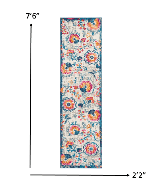 2’ X 6’ Ivory And Blue Floral Vines Runner Rug