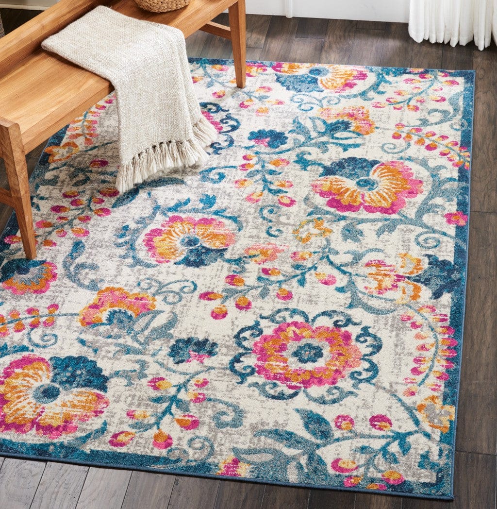 2’ X 6’ Ivory And Blue Floral Vines Runner Rug
