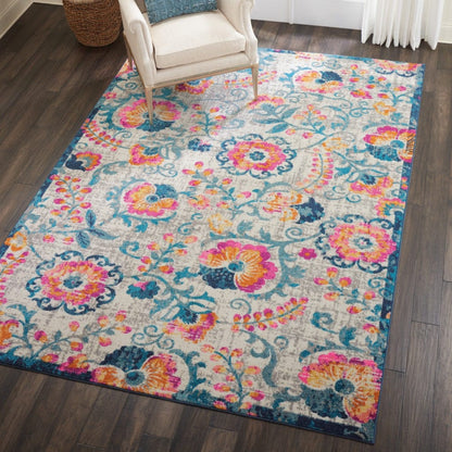 2’ X 6’ Ivory And Blue Floral Vines Runner Rug