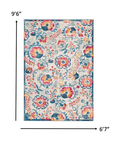 2’ X 6’ Ivory And Blue Floral Vines Runner Rug