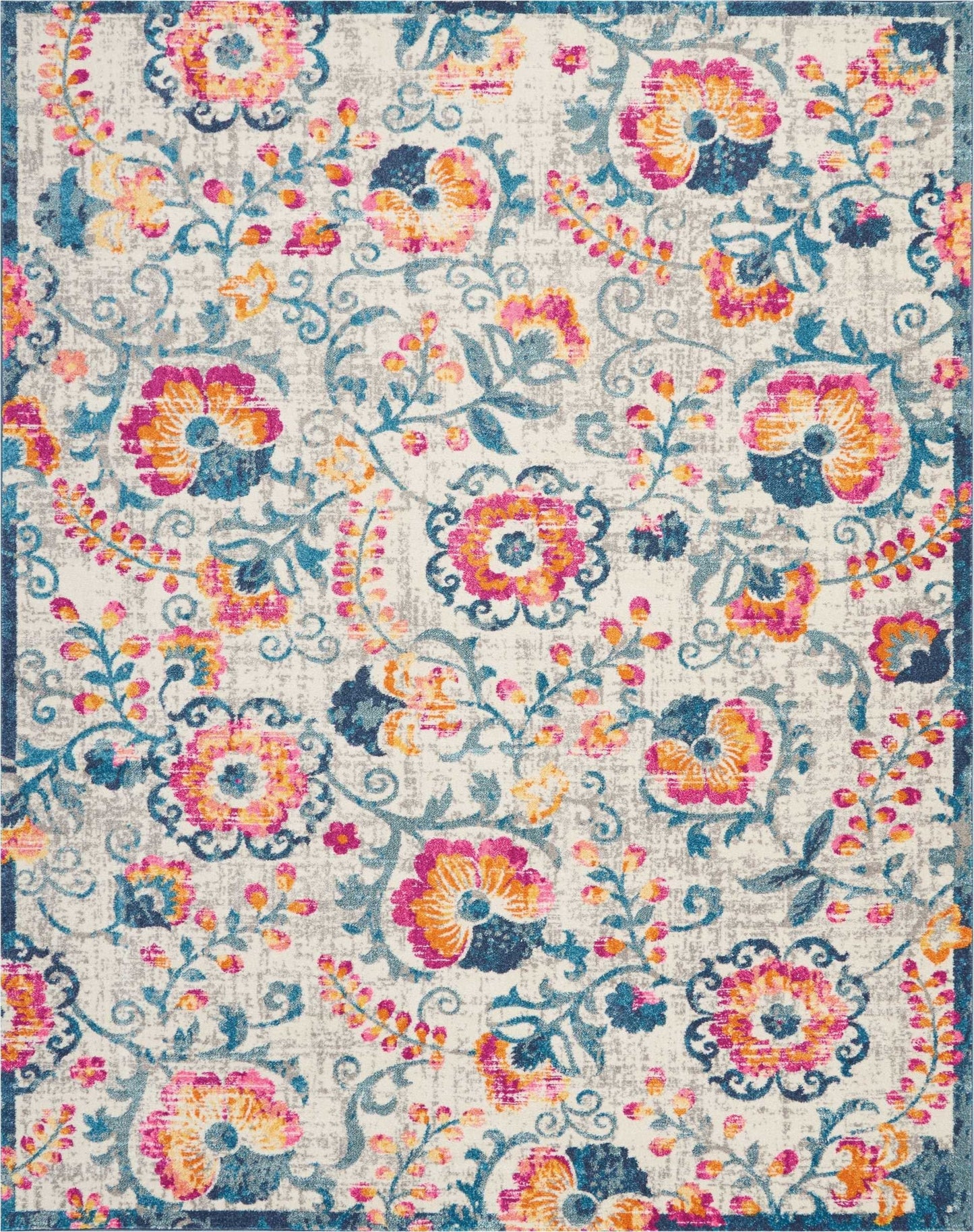 2’ X 6’ Ivory And Blue Floral Vines Runner Rug