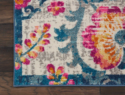 2’ X 6’ Ivory And Blue Floral Vines Runner Rug