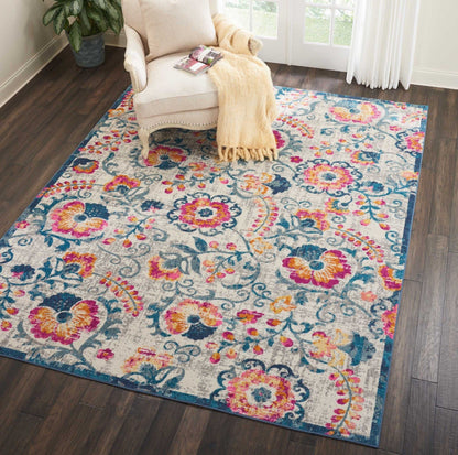 2’ X 6’ Ivory And Blue Floral Vines Runner Rug
