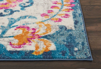 2’ X 6’ Ivory And Blue Floral Vines Runner Rug