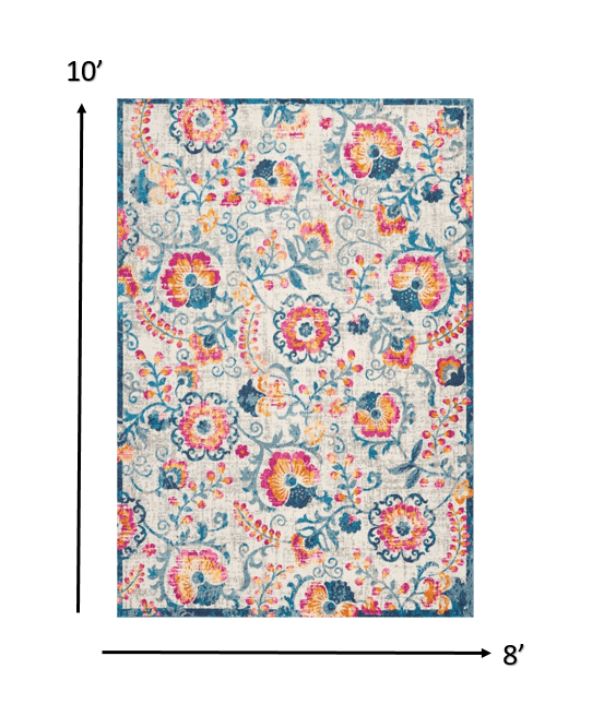 2’ X 6’ Ivory And Blue Floral Vines Runner Rug