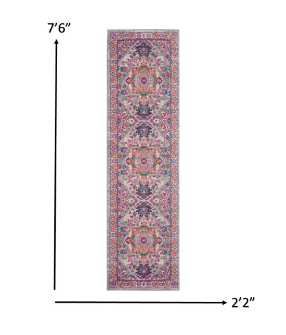 2’ X 6’ Light Gray And Pink Medallion Runner Rug