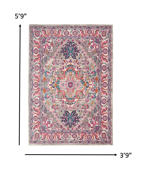 4’ X 6’ Light Gray And Pink Medallion Area Rug