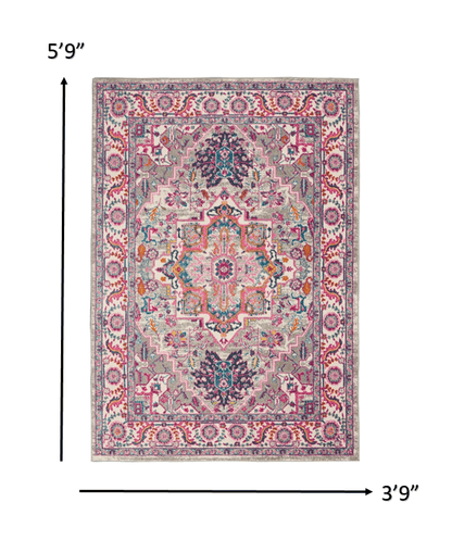 4’ X 6’ Light Gray And Pink Medallion Area Rug