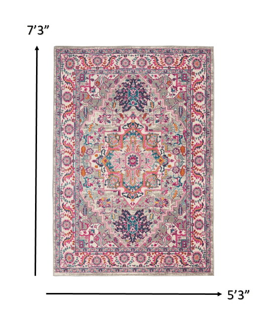 4’ X 6’ Light Gray And Pink Medallion Area Rug