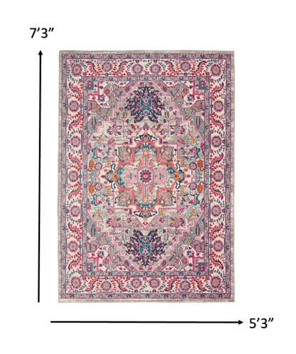 4’ X 6’ Light Gray And Pink Medallion Area Rug