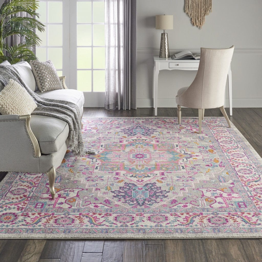 4’ X 6’ Light Gray And Pink Medallion Area Rug