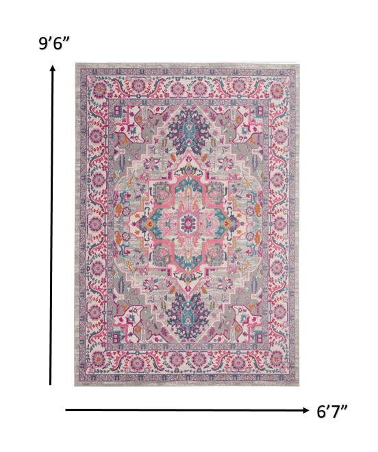 4’ X 6’ Light Gray And Pink Medallion Area Rug