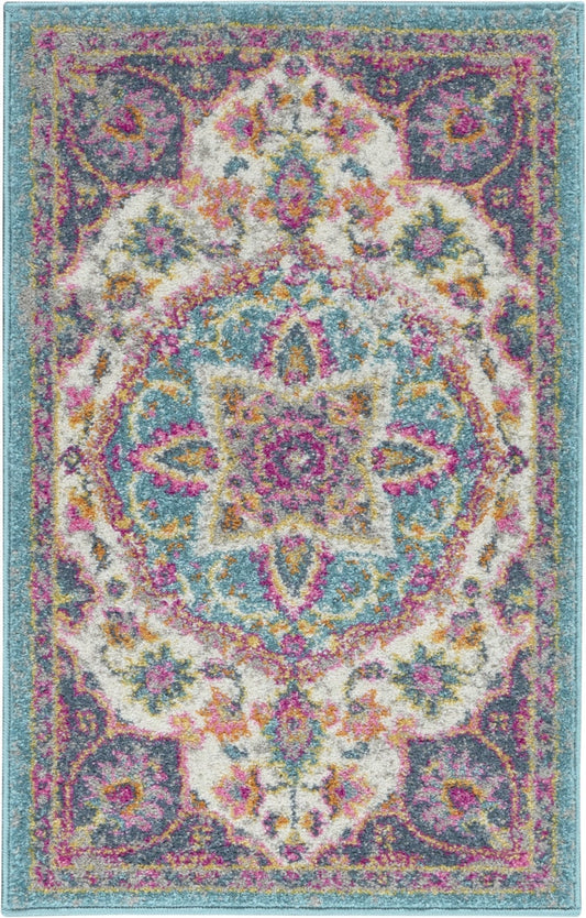 2’ X 3’ Pink And Blue Floral Medallion Scatter Rug