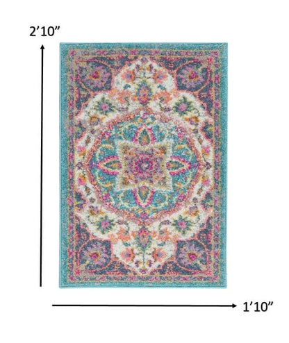 2’ X 3’ Pink And Blue Floral Medallion Scatter Rug