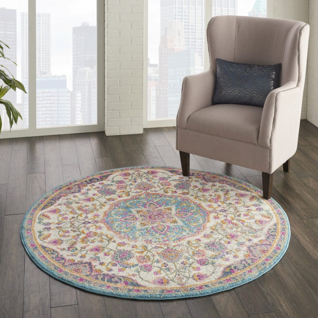 2’ X 3’ Pink And Blue Floral Medallion Scatter Rug