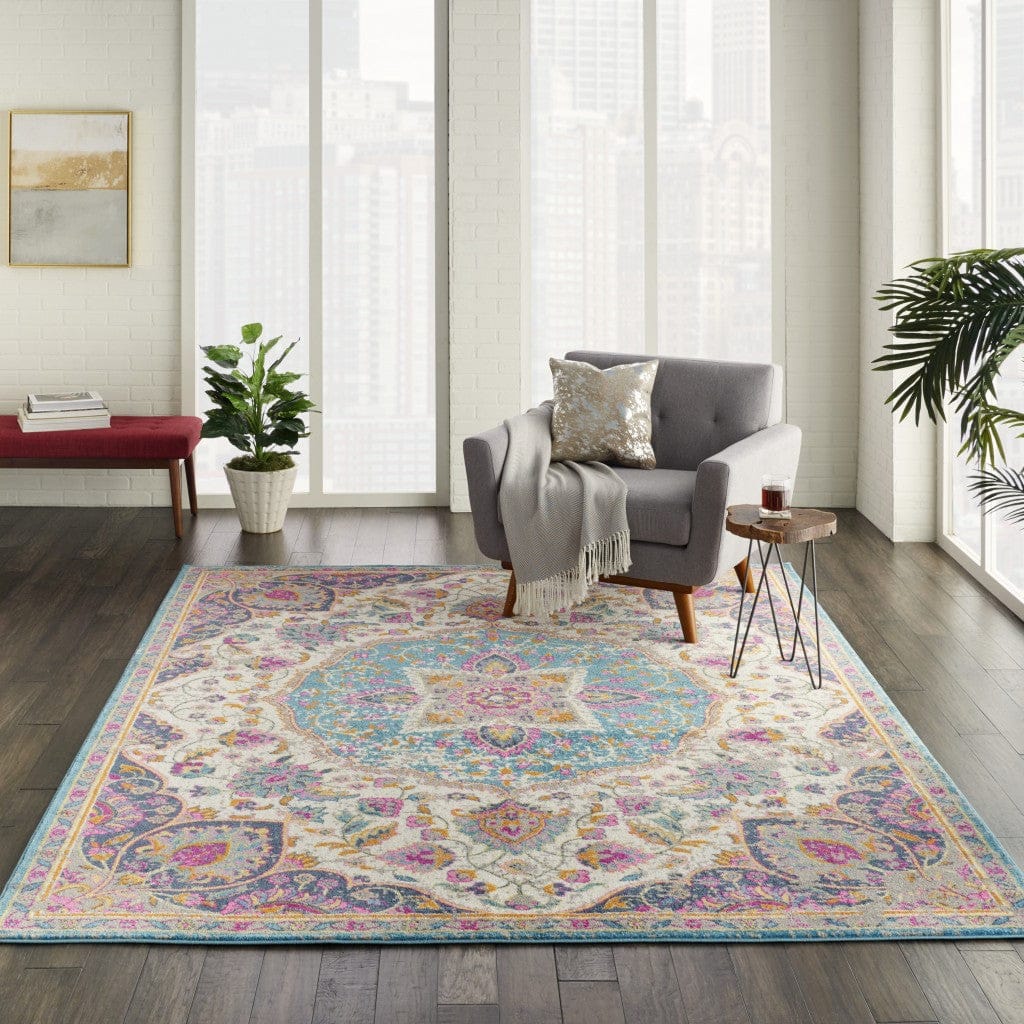 2’ X 3’ Pink And Blue Floral Medallion Scatter Rug