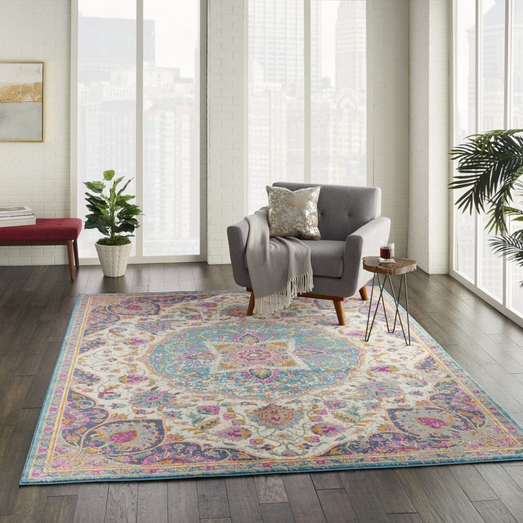 2’ X 3’ Pink And Blue Floral Medallion Scatter Rug