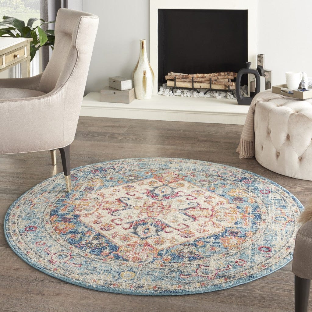4’ X 6’ Ivory And Light Blue Distressed Area Rug