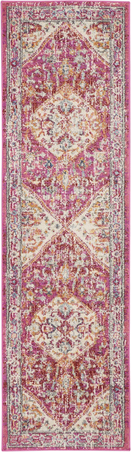 2’ X 8’ Ivory And Pink Oriental Runner Rug