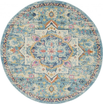 5’ Round Light Blue And Ivory Distressed Area Rug