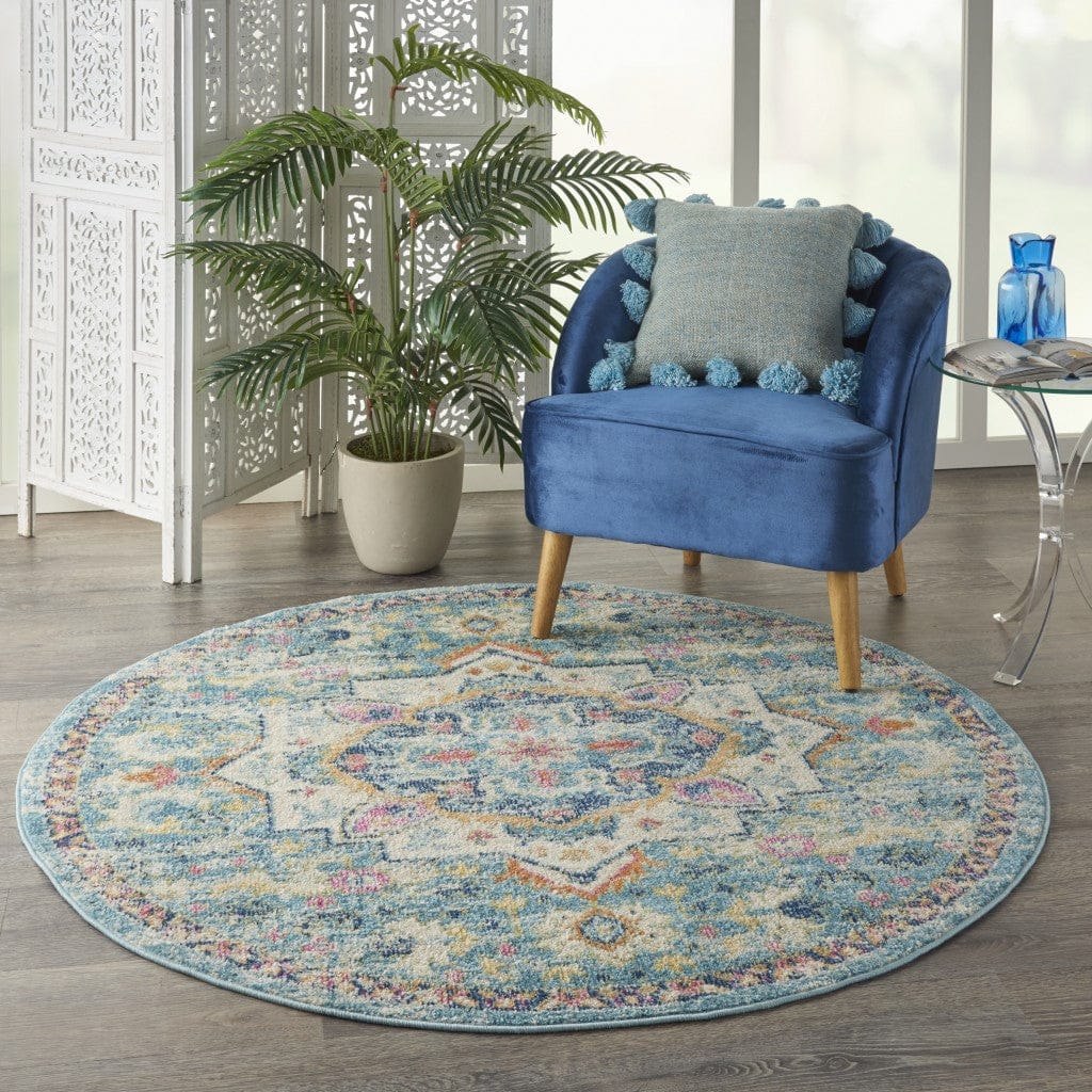 5’ Round Light Blue And Ivory Distressed Area Rug