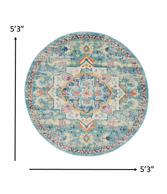 5’ Round Light Blue And Ivory Distressed Area Rug