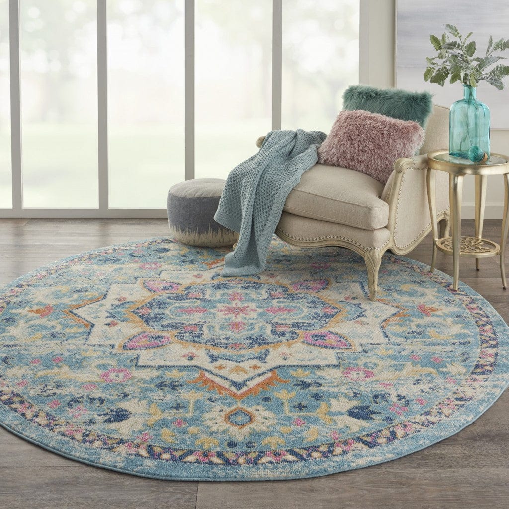 5’ Round Light Blue And Ivory Distressed Area Rug