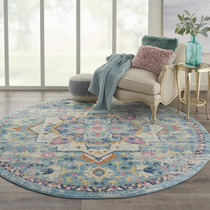 5’ Round Light Blue And Ivory Distressed Area Rug