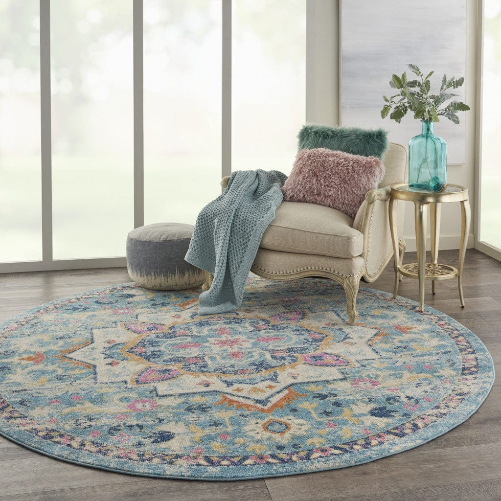 5’ Round Light Blue And Ivory Distressed Area Rug