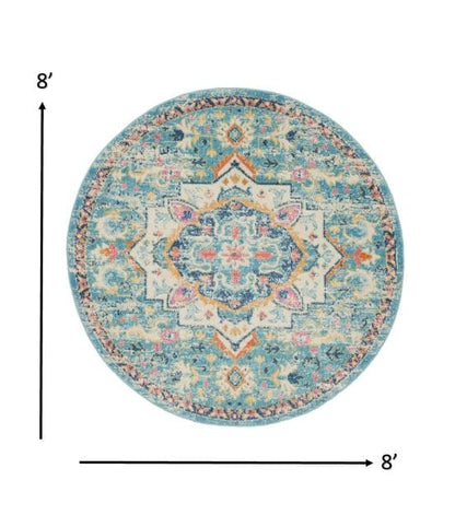 5’ Round Light Blue And Ivory Distressed Area Rug